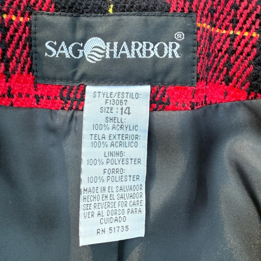 VTG Sag Harbor Red Tartan Plaid Jacket 14 Button Front Lined 90s Classic Preppy